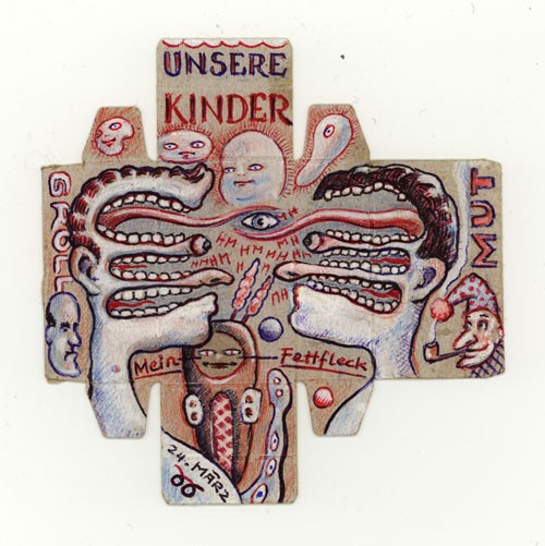 Unsere Kinder, 2006, Farbstift, Kugelschreiber,Deckweiss auf Maggiwürfelpackungsabwicklung, 17x16cm